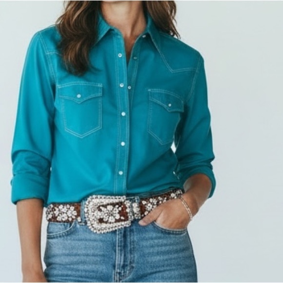 Blair Other - vintage Blair teal aqua rockabilly western button down pearl-snap cowboy shirt
